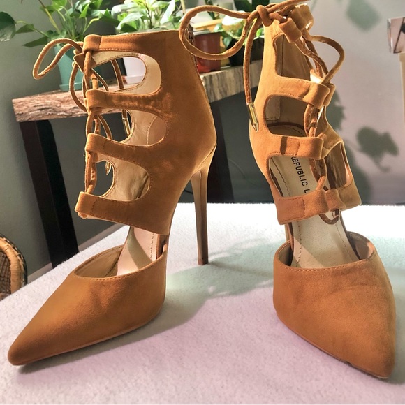 🌞SIZE 7 FIT Shoe Republic LA Chestnut Brown Suede String Up Stiletto Heels - Picture 7 of 9